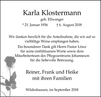 Traueranzeige von Karla Klostermann von SYK
