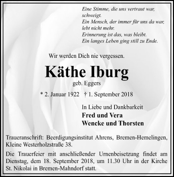 Traueranzeige von Käthe Iburg von SYK