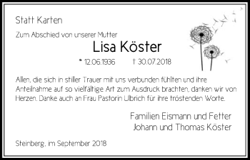 Traueranzeige von Lisa Köster von SYK