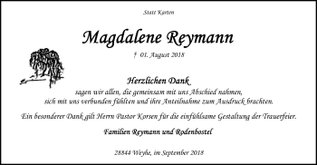 Traueranzeige von Magdalene Reymann von SYK