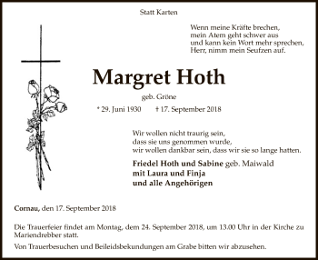 Traueranzeige von Margret Hoth von SYK