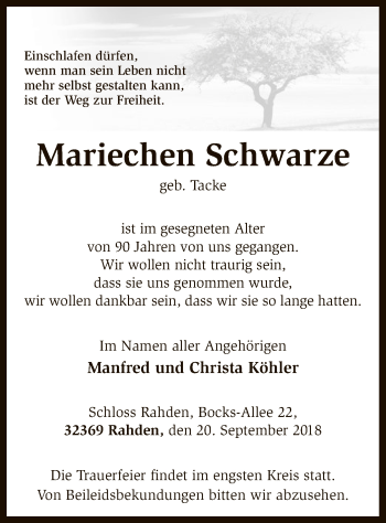 Traueranzeige von Mariechen Schwarze von SYK