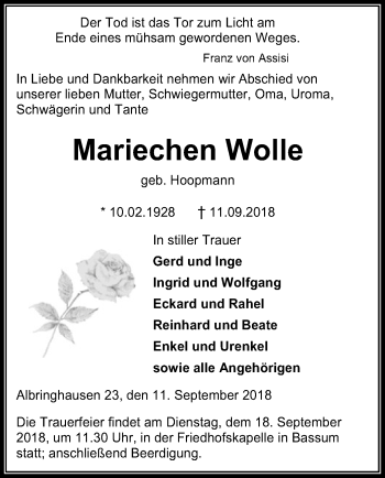 Traueranzeige von Mariechen Wolle von SYK