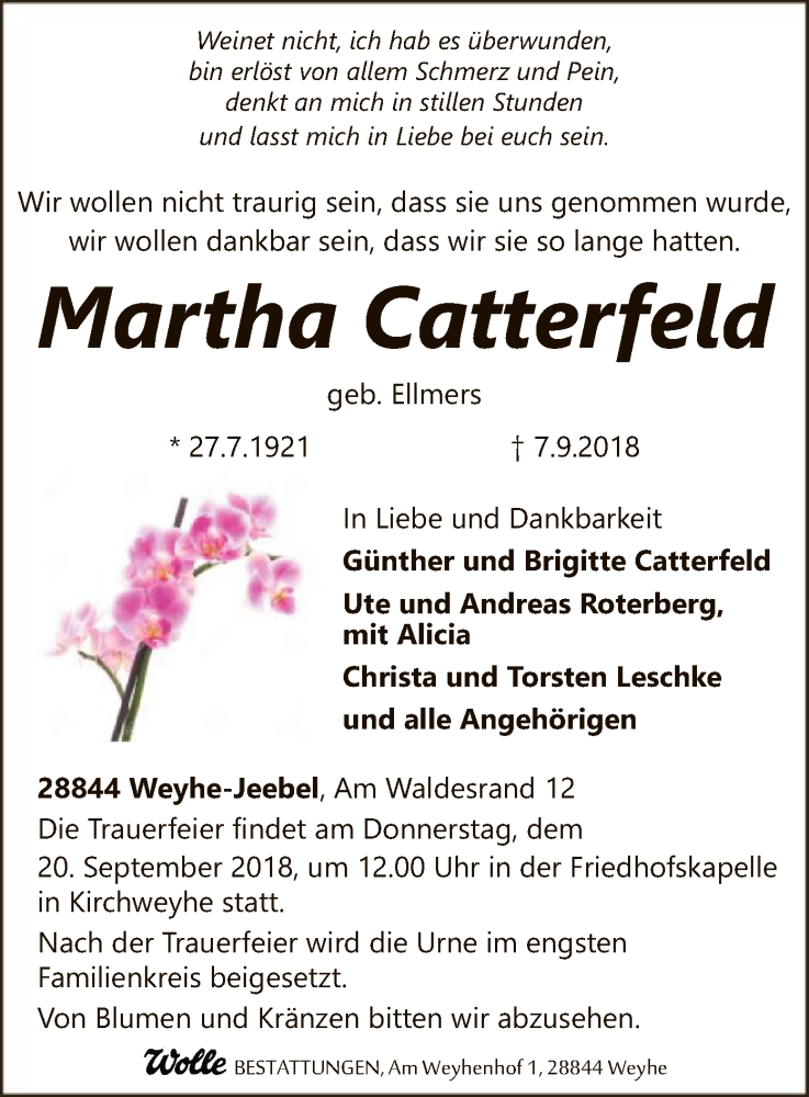  Traueranzeige für Martha Catterfeld vom 12.09.2018 aus SYK