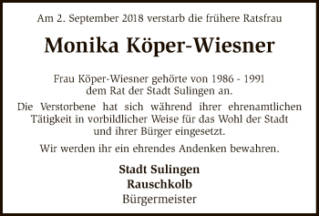 Traueranzeige von Monika Köper-Wiesner von SYK