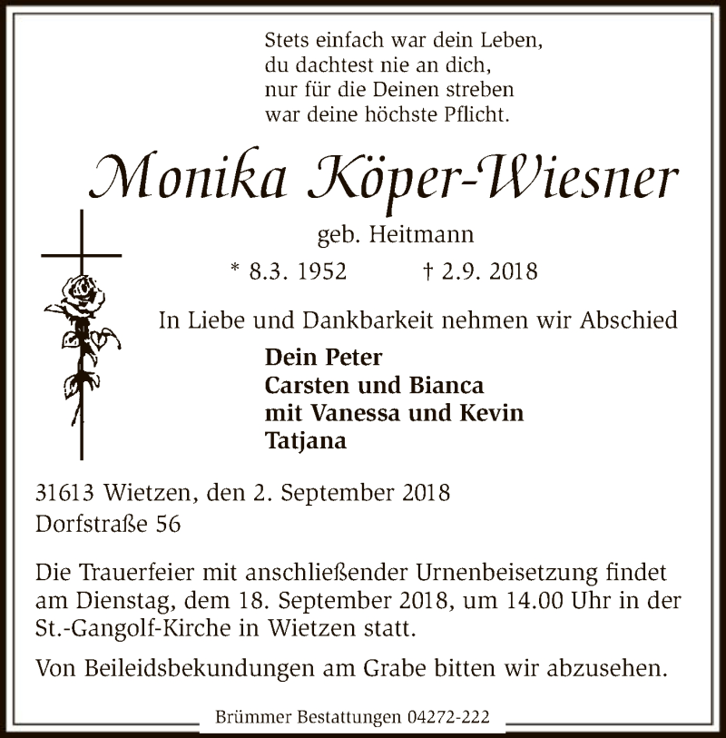  Traueranzeige für Monika Köper-Wiesner vom 14.09.2018 aus SYK