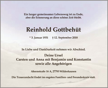 Traueranzeige von Reinhold Gottbehüt von SYK