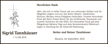 Traueranzeige von Sigrid Tannhäuser von SYK