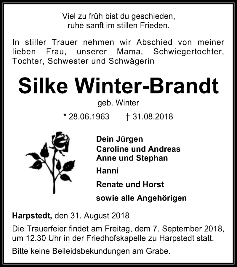  Traueranzeige für Silke Winter-Brandt vom 04.09.2018 aus SYK