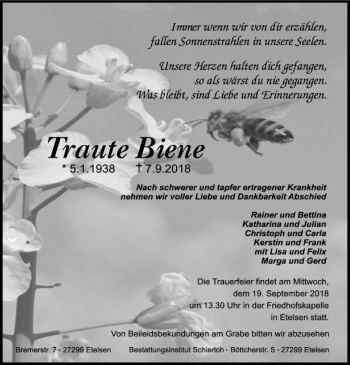 Traueranzeige von Traute Biene von SYK