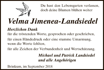 Traueranzeige von Velma Jimenea-Landsiedel von SYK