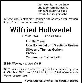 Traueranzeige von Wilfried Hollwedel von SYK