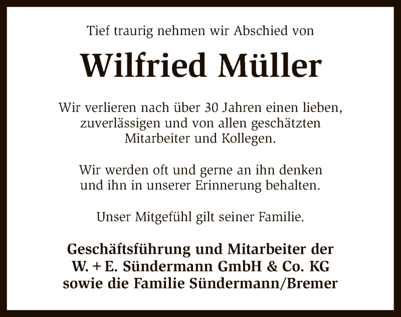  Traueranzeige für Wilfried Müller vom 29.09.2018 aus SYK