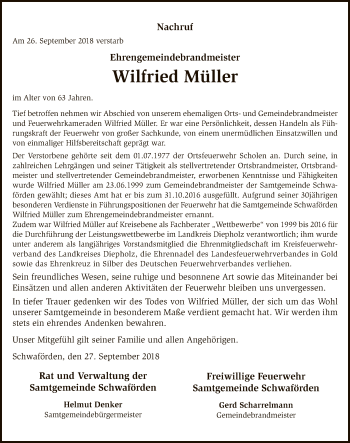 Traueranzeige von Wilfried Müller von SYK