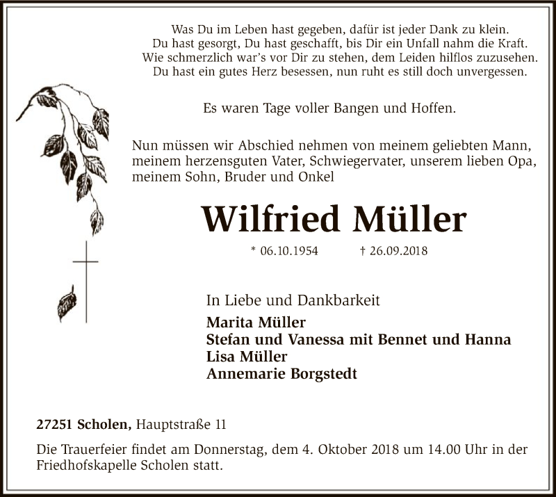  Traueranzeige für Wilfried Müller vom 29.09.2018 aus SYK