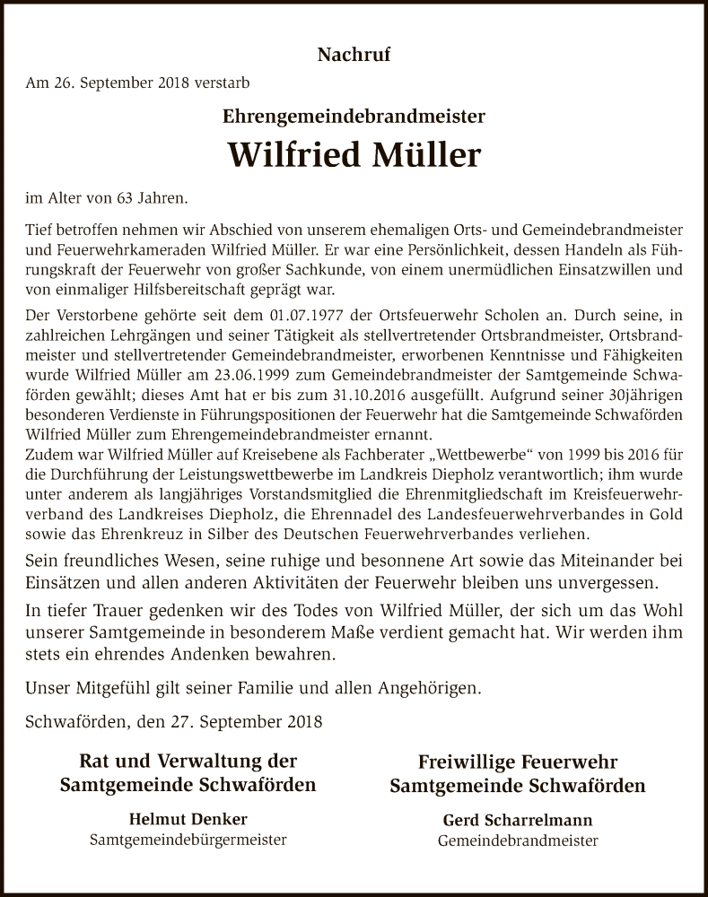  Traueranzeige für Wilfried Müller vom 29.09.2018 aus SYK