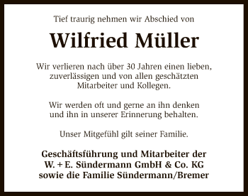 Traueranzeige von Wilfried Müller von SYK