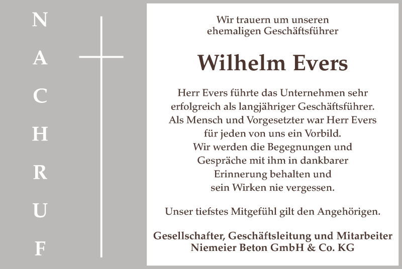  Traueranzeige für Wilhelm Evers vom 21.09.2018 aus SYK