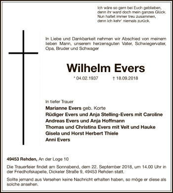 Traueranzeige von Wilhelm Evers von SYK