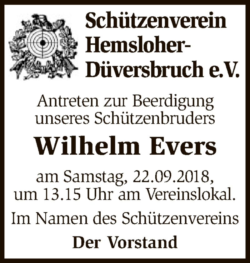  Traueranzeige für Wilhelm Evers vom 21.09.2018 aus SYK