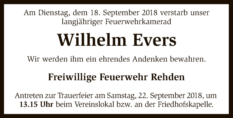  Traueranzeige für Wilhelm Evers vom 21.09.2018 aus SYK