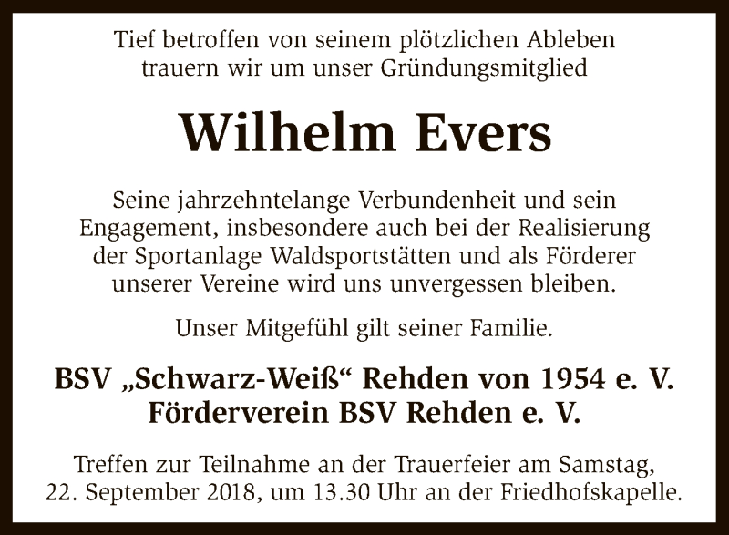  Traueranzeige für Wilhelm Evers vom 21.09.2018 aus SYK