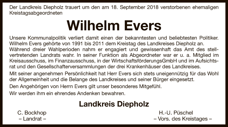  Traueranzeige für Wilhelm Evers vom 21.09.2018 aus SYK