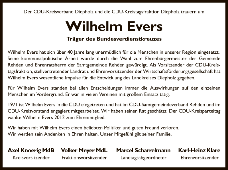  Traueranzeige für Wilhelm Evers vom 21.09.2018 aus SYK