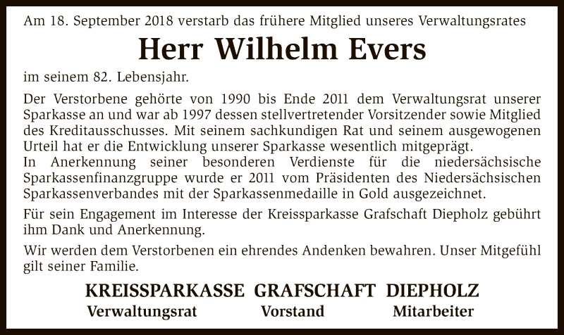  Traueranzeige für Wilhelm Evers vom 21.09.2018 aus SYK