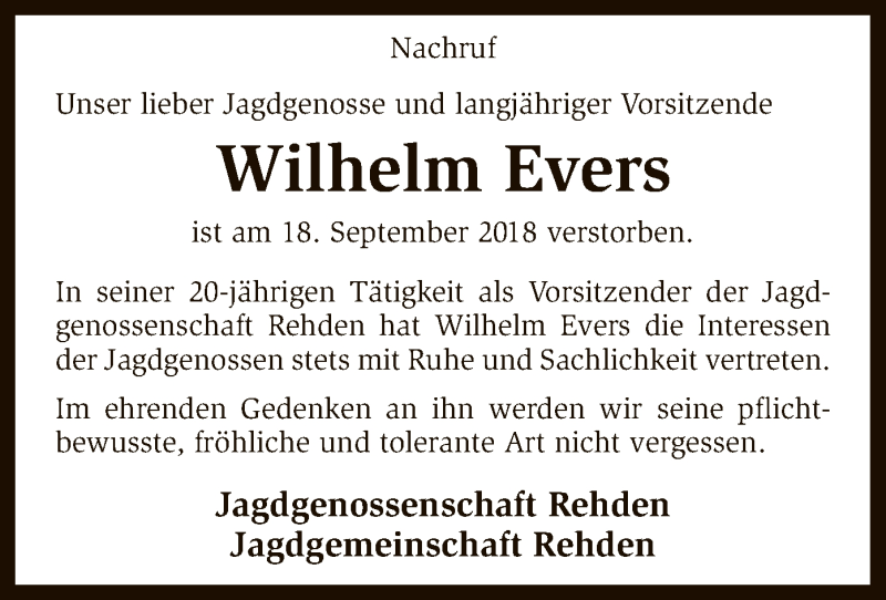  Traueranzeige für Wilhelm Evers vom 21.09.2018 aus SYK