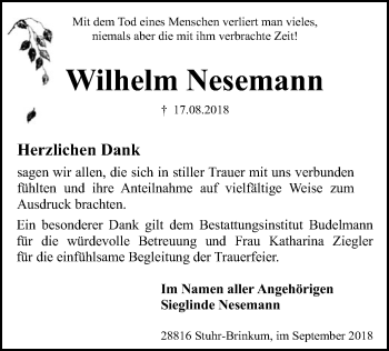 Traueranzeige von Wilhelm Nesemann von SYK