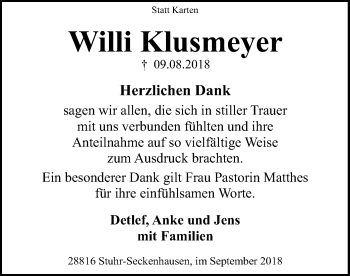 Traueranzeige von Willi Klusmeyer von SYK