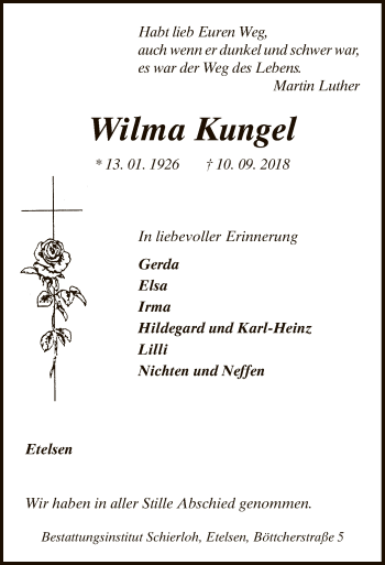 Traueranzeige von Wilma Kungel von SYK