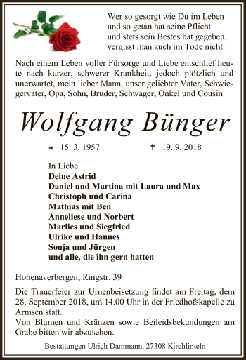 Traueranzeige von Wolfgang Bünger von SYK