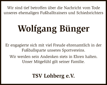 Traueranzeige von Wolfgang Bünger von SYK