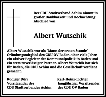 Traueranzeige von Albert Wutschik von SYK