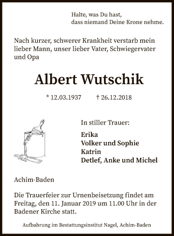 Traueranzeige von Albert Wutschik von SYK