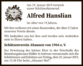 Traueranzeige von Alfred Hanslian von SYK