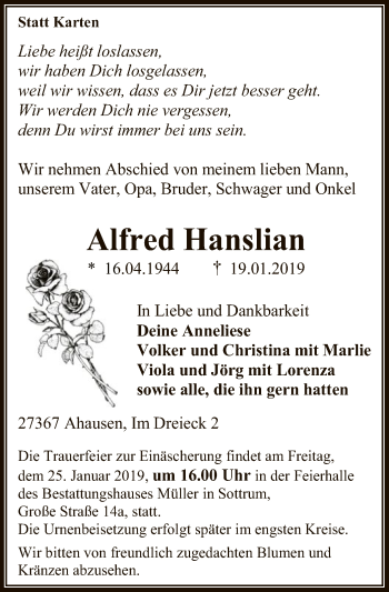 Traueranzeige von Alfred Hanslian von SYK