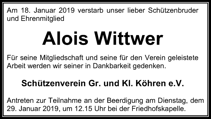  Traueranzeige für Alois Wittwer vom 23.01.2019 aus SYK