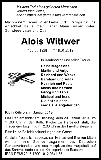 Traueranzeige von Alois Wittwer von SYK