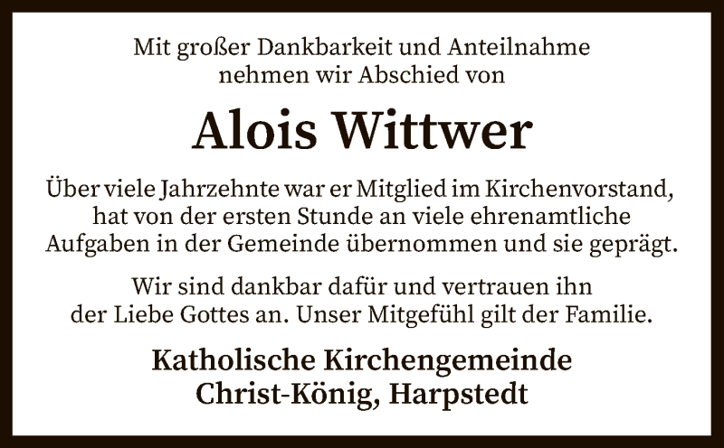  Traueranzeige für Alois Wittwer vom 28.01.2019 aus SYK