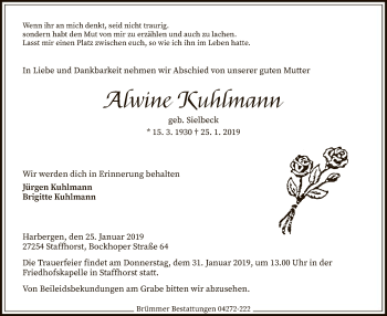 Traueranzeige von Alwine Kuhlmann von SYK