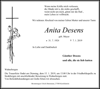 Traueranzeige von Anita Desens von SYK