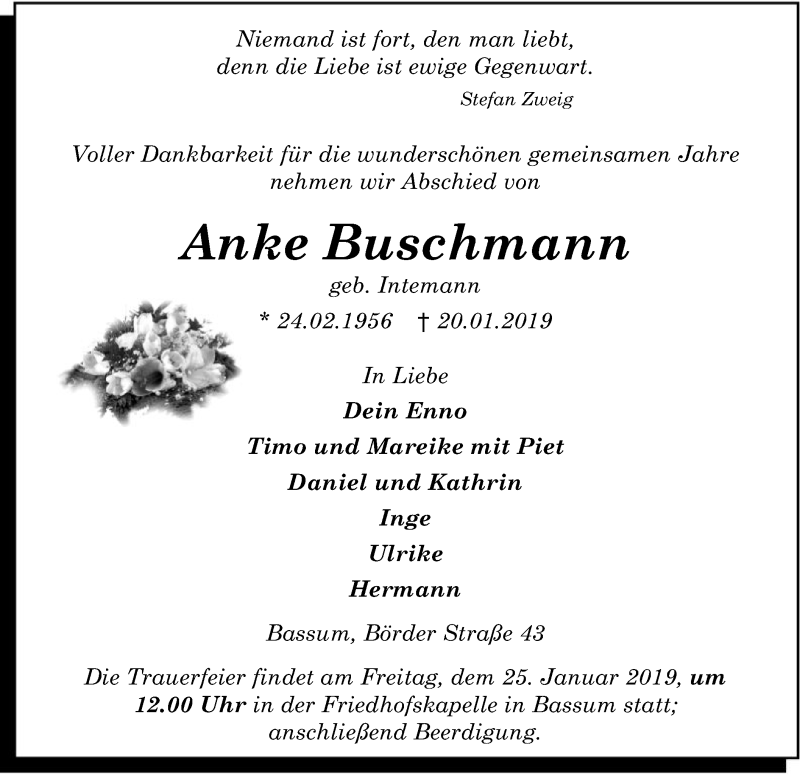  Traueranzeige für Anke Buschmann vom 22.01.2019 aus SYK