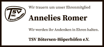 Traueranzeige von Annelies Romer von SYK