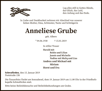 Traueranzeige von Anneliese Grube von SYK