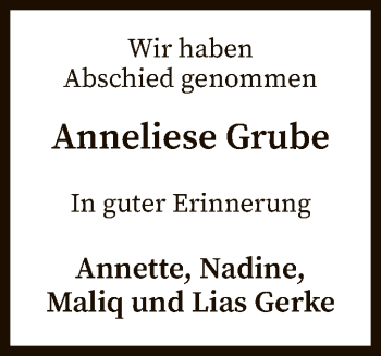 Traueranzeige von Anneliese Grube von SYK