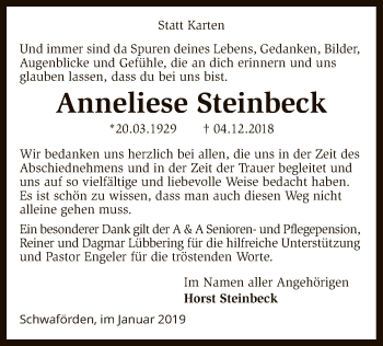 Traueranzeige von Anneliese Steinbeck von SYK