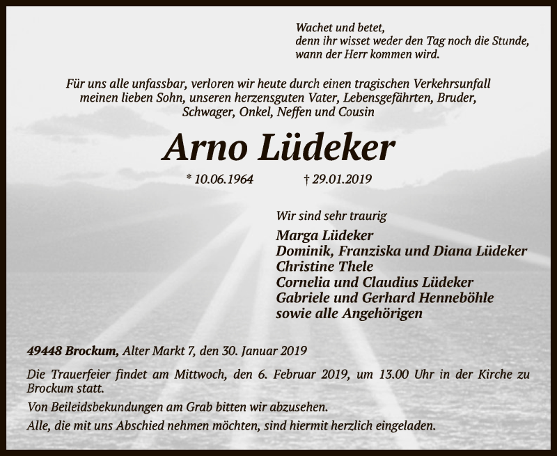  Traueranzeige für Arno Lüdeker vom 31.01.2019 aus SYK